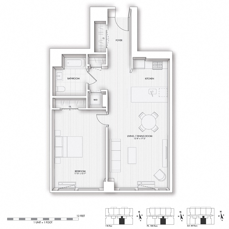 Floor plan for 1 bed, 1 bath, 741 sqft